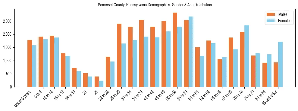Bar chart showing the population distribution of Somerset County, Pennsylvania by age group and gender, based on 2023 ACS data.