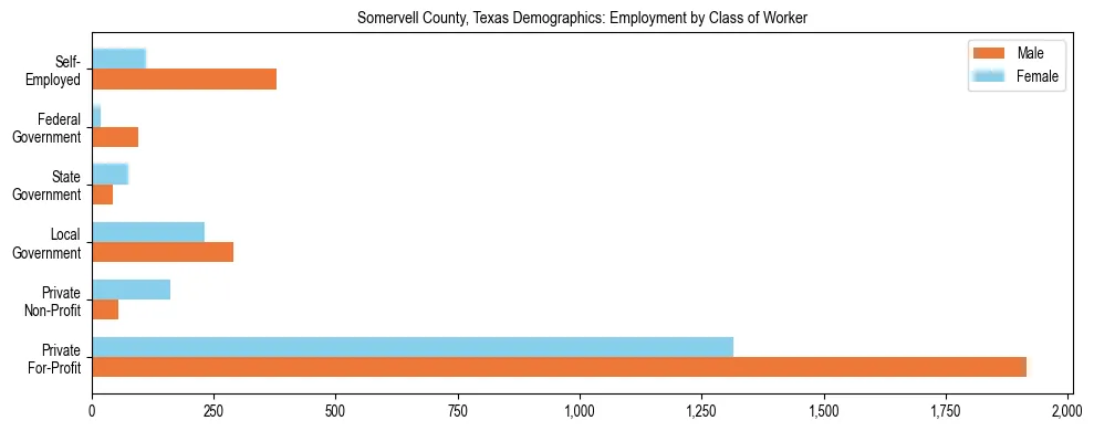 Horizontal bar chart showing employment distribution by class of worker and gender in Somervell County, Texas, based on 2023 ACS data.