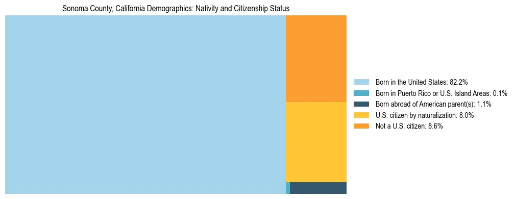 Treemap showing the population distribution by nativity and citizenship status in Sonoma County, California based on U.S. Census data.