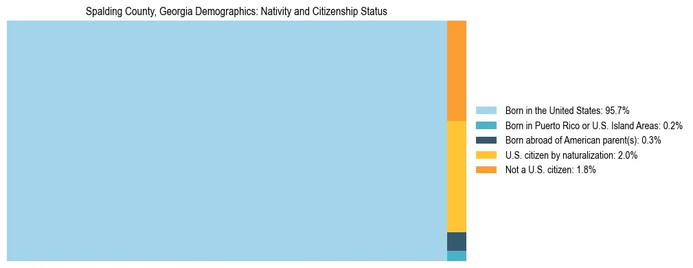 Treemap showing the population distribution by nativity and citizenship status in Spalding County, Georgia based on U.S. Census data.