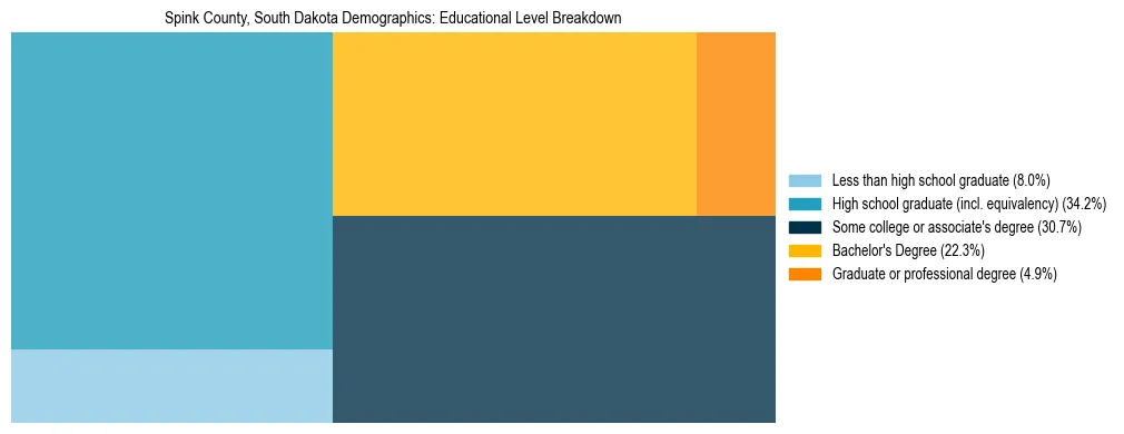 Treemap chart illustrating the educational attainment breakdown for population 25 years and over in Spink County, South Dakota.