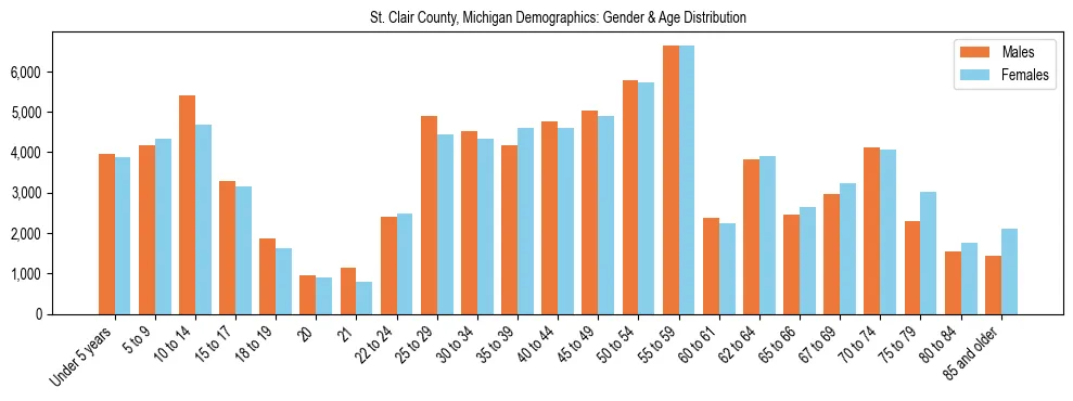 Bar chart showing the population distribution of St. Clair County, Michigan by age group and gender, based on 2023 ACS data.