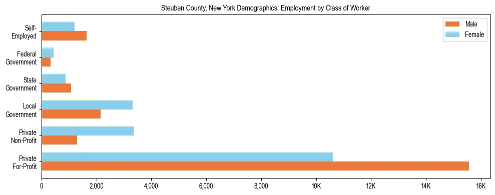 Horizontal bar chart showing employment distribution by class of worker and gender in Steuben County, New York, based on 2023 ACS data.