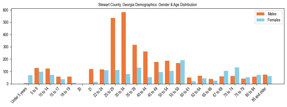 Bar chart showing the population distribution of Stewart County, Georgia by age group and gender, based on 2023 ACS data.