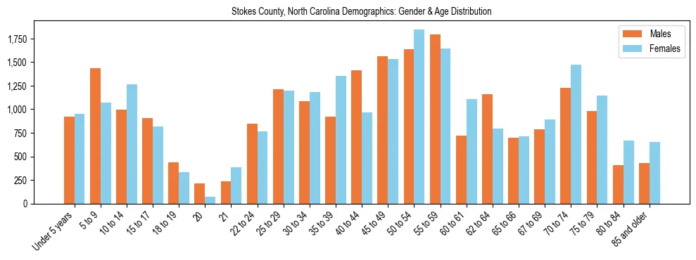 Bar chart showing the population distribution of Stokes County, North Carolina by age group and gender, based on 2023 ACS data.