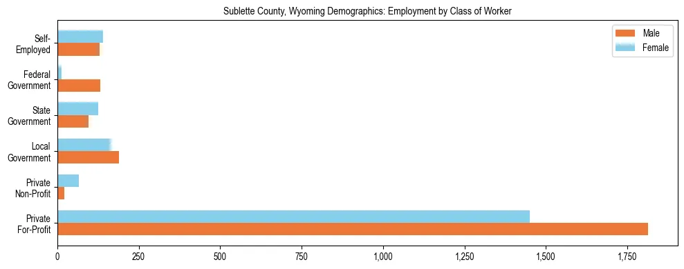 Horizontal bar chart showing employment distribution by class of worker and gender in Sublette County, Wyoming, based on 2023 ACS data.