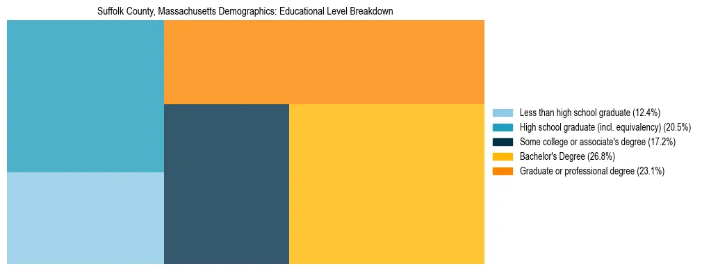 Treemap chart illustrating the educational attainment breakdown for population 25 years and over in Suffolk County, Massachusetts.