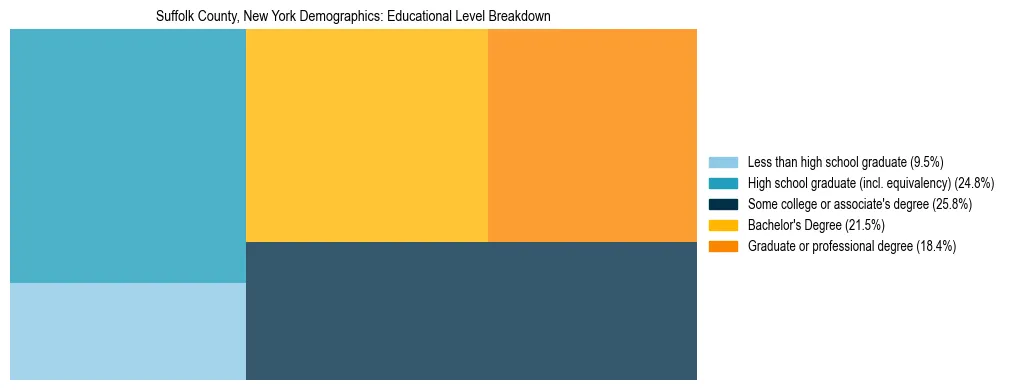 Treemap chart illustrating the educational attainment breakdown for population 25 years and over in Suffolk County, New York.