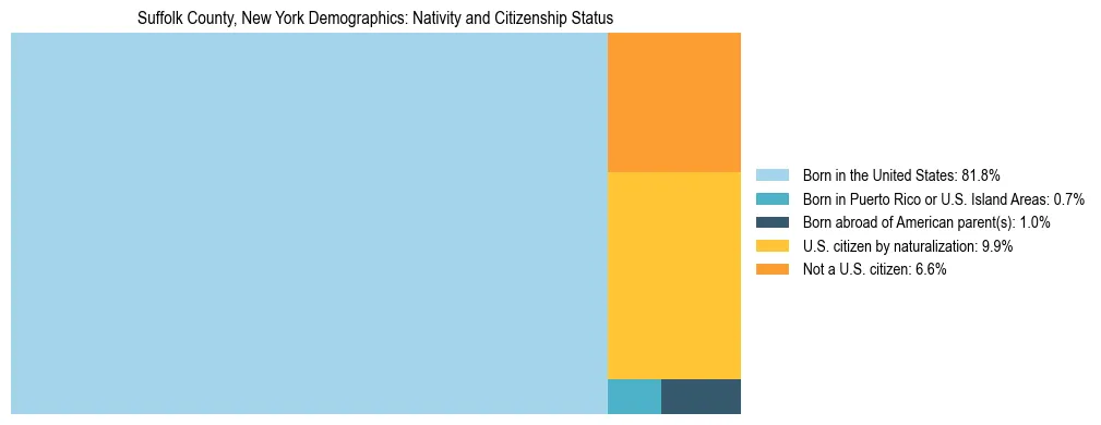 Treemap showing the population distribution by nativity and citizenship status in Suffolk County, New York based on U.S. Census data.