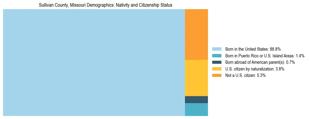 Treemap showing the population distribution by nativity and citizenship status in Sullivan County, Missouri based on U.S. Census data.