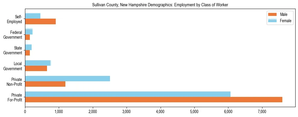 Horizontal bar chart showing employment distribution by class of worker and gender in Sullivan County, New Hampshire, based on 2023 ACS data.