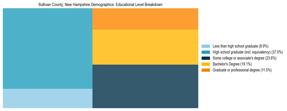 Treemap chart illustrating the educational attainment breakdown for population 25 years and over in Sullivan County, New Hampshire.