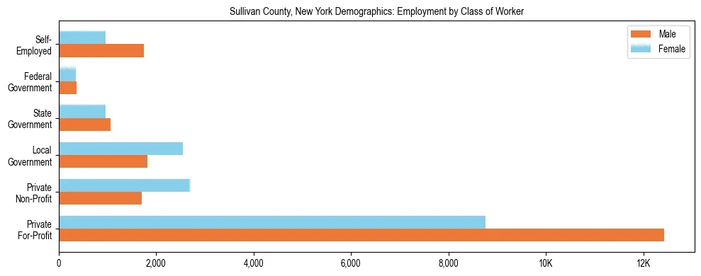 Horizontal bar chart showing employment distribution by class of worker and gender in Sullivan County, New York, based on 2023 ACS data.