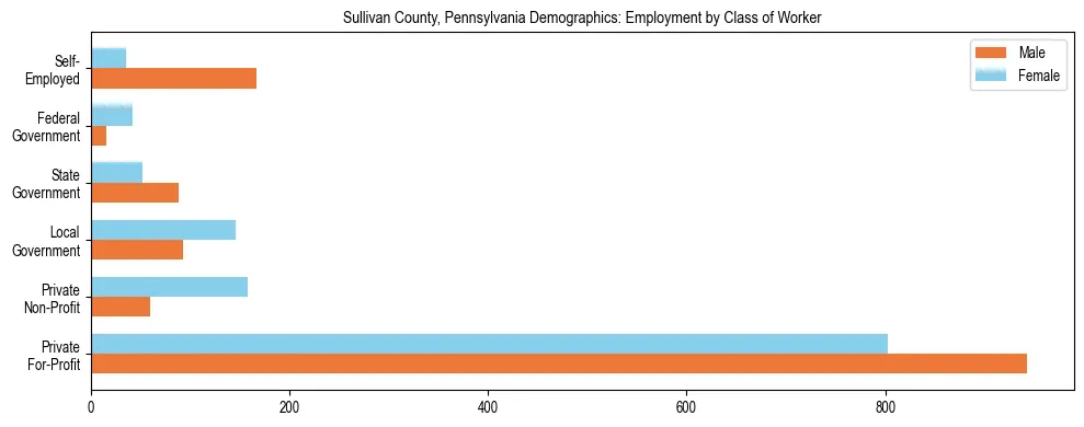 Horizontal bar chart showing employment distribution by class of worker and gender in Sullivan County, Pennsylvania, based on 2023 ACS data.