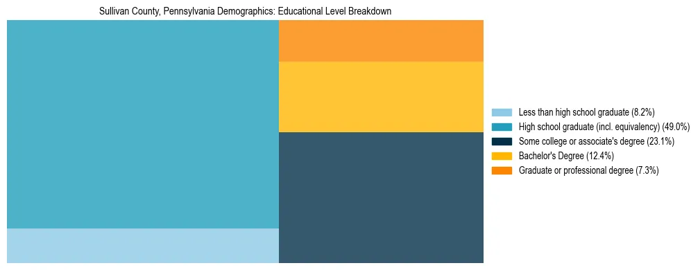 Treemap chart illustrating the educational attainment breakdown for population 25 years and over in Sullivan County, Pennsylvania.