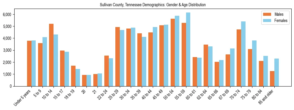 Bar chart showing the population distribution of Sullivan County, Tennessee by age group and gender, based on 2023 ACS data.