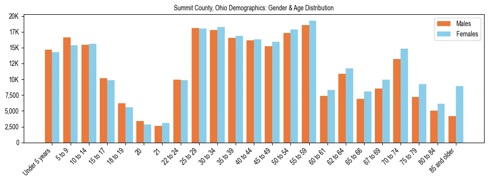 Bar chart showing the population distribution of Summit County, Ohio by age group and gender, based on 2023 ACS data.