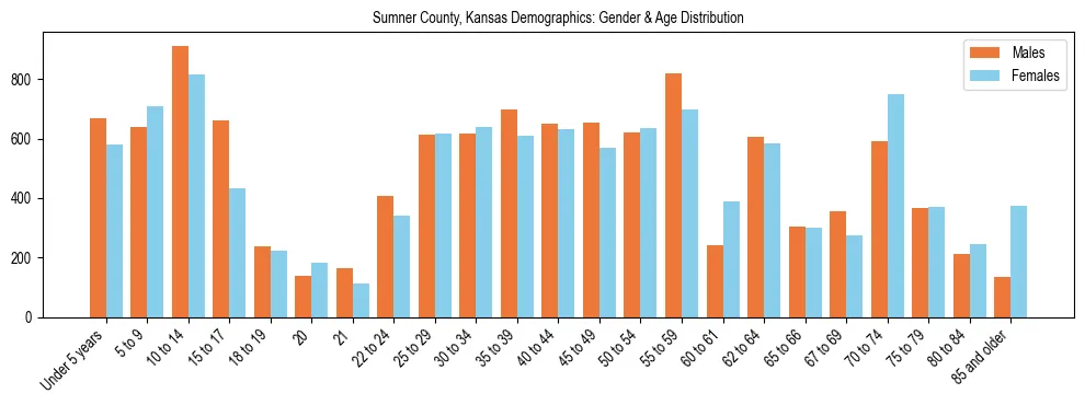 Bar chart showing the population distribution of Sumner County, Kansas by age group and gender, based on 2023 ACS data.