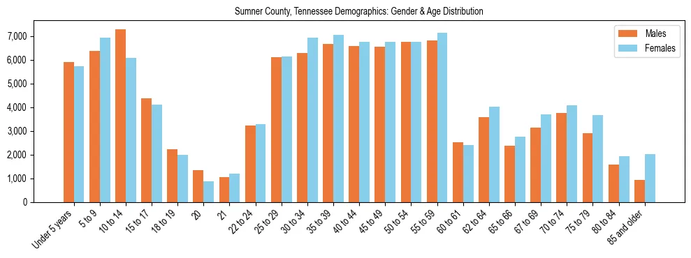 Bar chart showing the population distribution of Sumner County, Tennessee by age group and gender, based on 2023 ACS data.