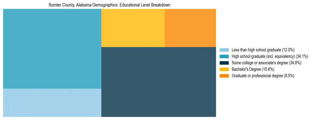 Treemap chart illustrating the educational attainment breakdown for population 25 years and over in Sumter County, Alabama.