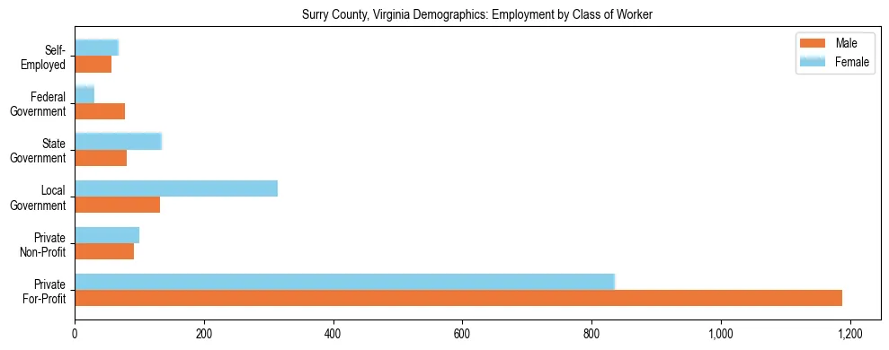 Horizontal bar chart showing employment distribution by class of worker and gender in Surry County, Virginia, based on 2023 ACS data.