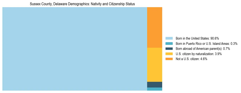 Treemap showing the population distribution by nativity and citizenship status in Sussex County, Delaware based on U.S. Census data.