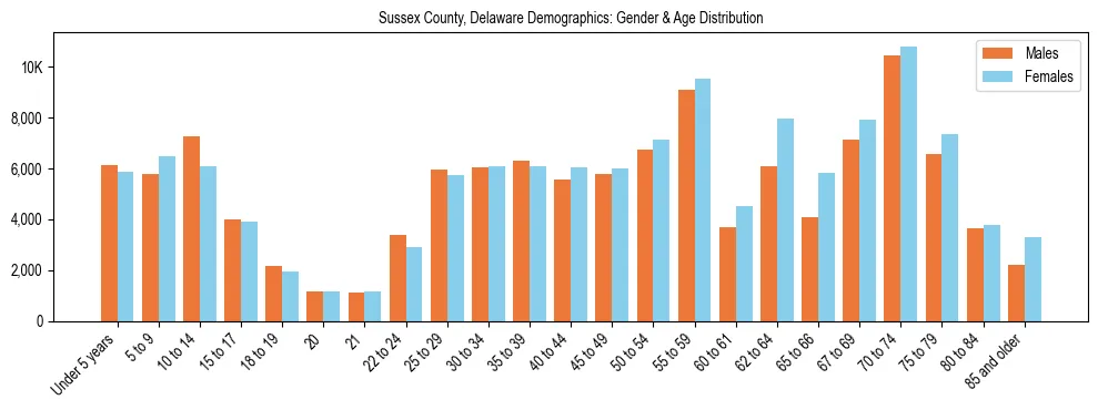 Bar chart showing the population distribution of Sussex County, Delaware by age group and gender, based on 2023 ACS data.