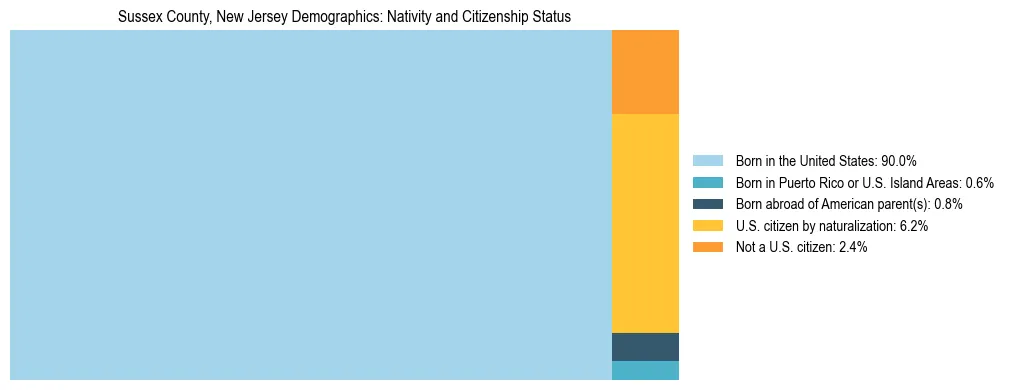 Treemap showing the population distribution by nativity and citizenship status in Sussex County, New Jersey based on U.S. Census data.