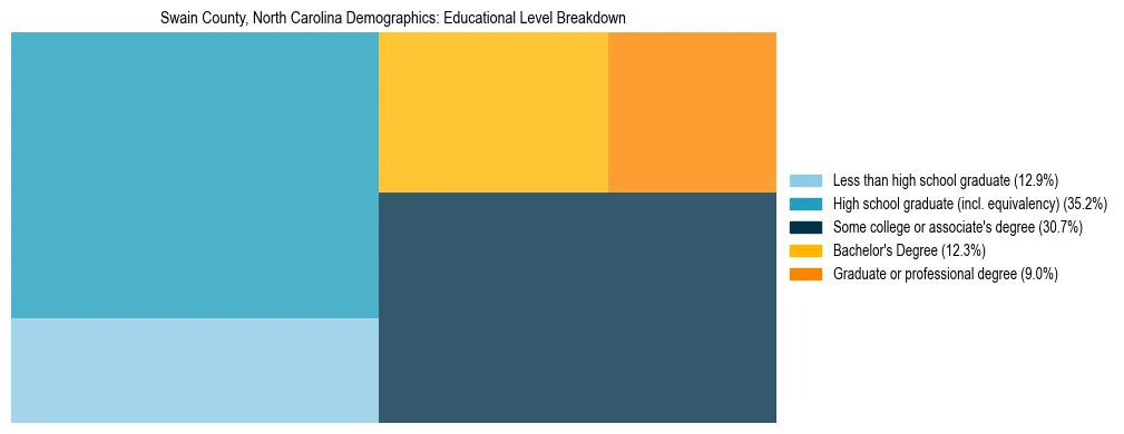 Treemap chart illustrating the educational attainment breakdown for population 25 years and over in Swain County, North Carolina.