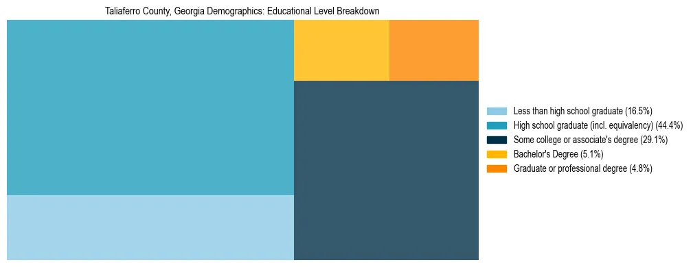 Treemap chart illustrating the educational attainment breakdown for population 25 years and over in Taliaferro County, Georgia.