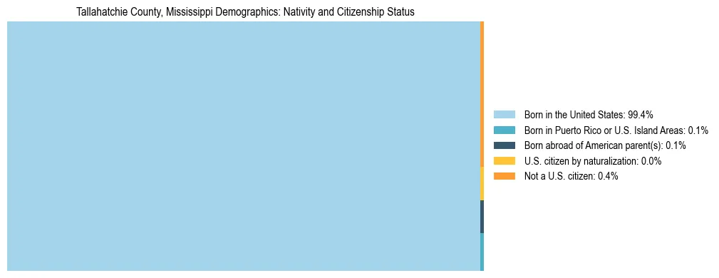 Treemap showing the population distribution by nativity and citizenship status in Tallahatchie County, Mississippi based on U.S. Census data.