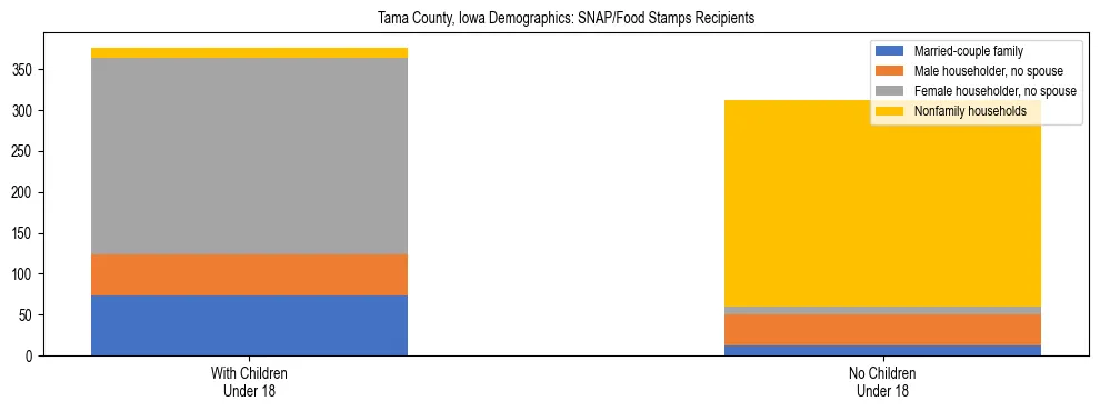 Stacked bar chart showing SNAP/Food Stamps recipient household composition by presence of children under 18 in Tama County, Iowa, based on 2023 ACS data.
