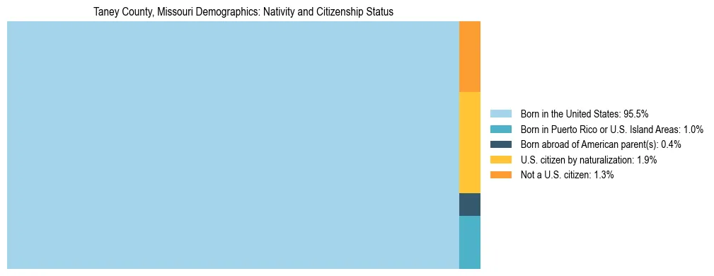 Treemap showing the population distribution by nativity and citizenship status in Taney County, Missouri based on U.S. Census data.