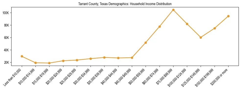 Horizontal bar chart showing household income distribution in Tarrant County, Texas.
