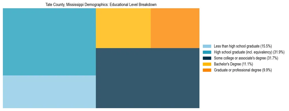 Treemap chart illustrating the educational attainment breakdown for population 25 years and over in Tate County, Mississippi.