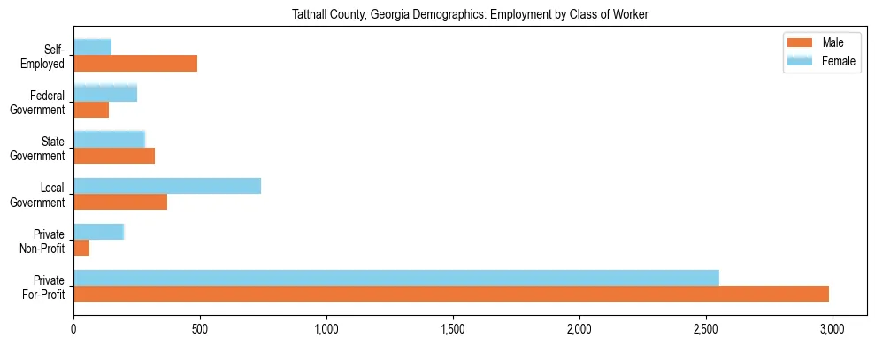 Horizontal bar chart showing employment distribution by class of worker and gender in Tattnall County, Georgia, based on 2023 ACS data.
