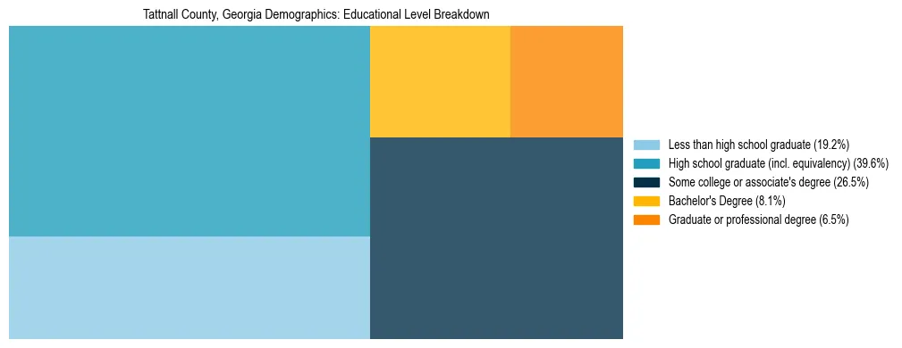 Treemap chart illustrating the educational attainment breakdown for population 25 years and over in Tattnall County, Georgia.