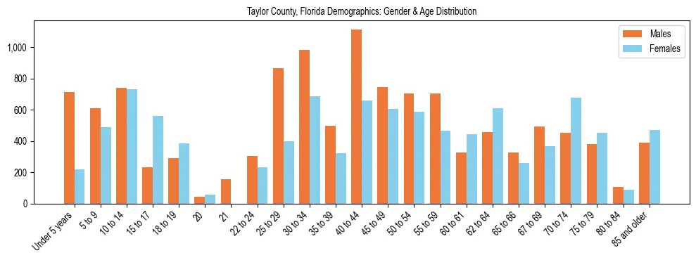 Bar chart showing the population distribution of Taylor County, Florida by age group and gender, based on 2023 ACS data.