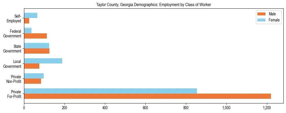 Horizontal bar chart showing employment distribution by class of worker and gender in Taylor County, Georgia, based on 2023 ACS data.