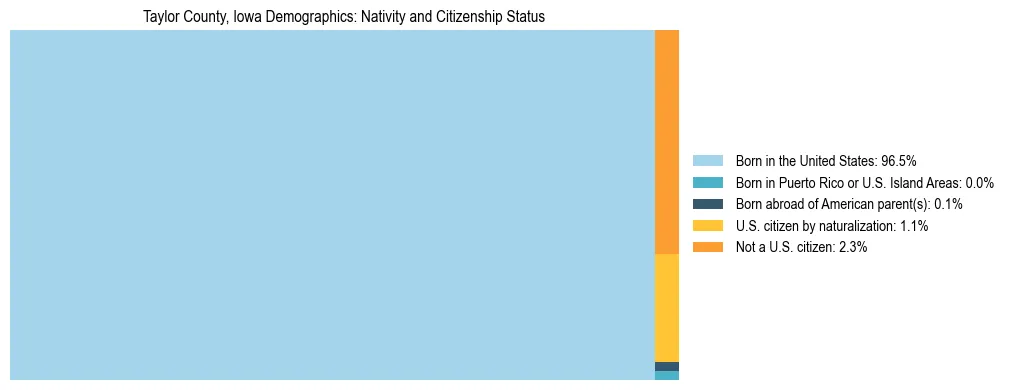 Treemap showing the population distribution by nativity and citizenship status in Taylor County, Iowa based on U.S. Census data.