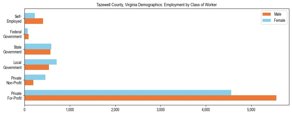 Horizontal bar chart showing employment distribution by class of worker and gender in Tazewell County, Virginia, based on 2023 ACS data.