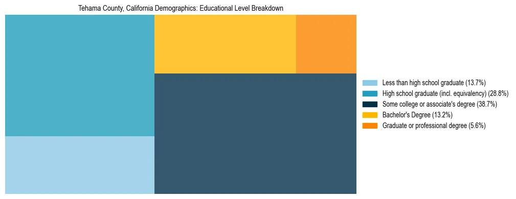 Treemap chart illustrating the educational attainment breakdown for population 25 years and over in Tehama County, California.