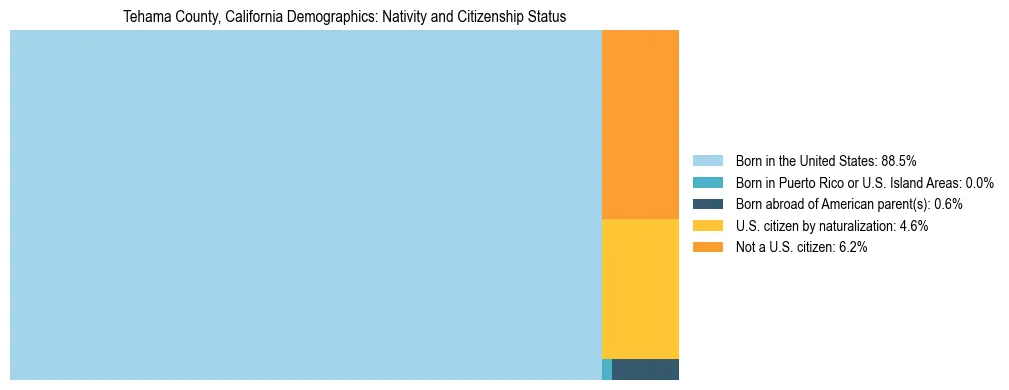Treemap showing the population distribution by nativity and citizenship status in Tehama County, California based on U.S. Census data.