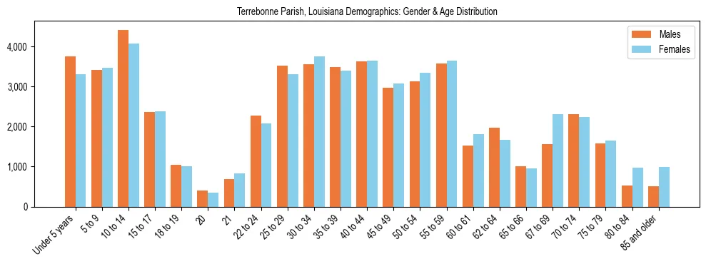 Bar chart showing the population distribution of Terrebonne Parish, Louisiana by age group and gender, based on 2023 ACS data.