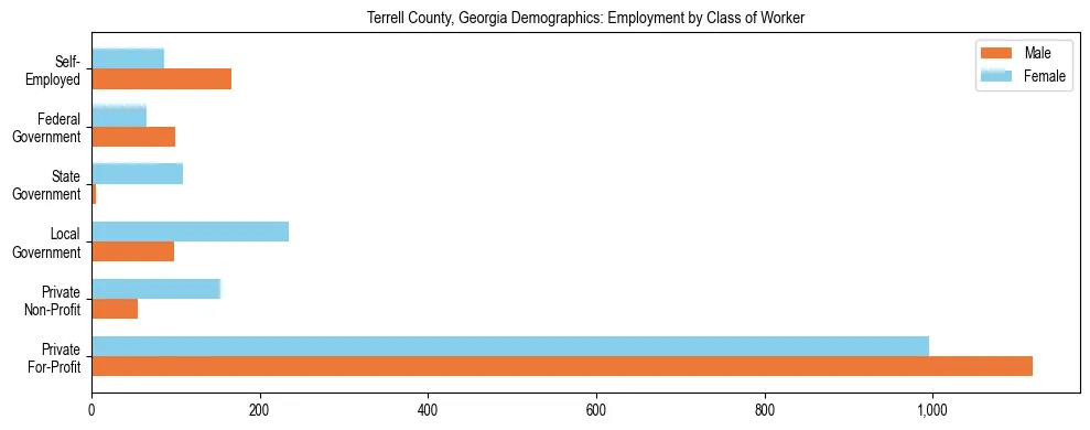 Horizontal bar chart showing employment distribution by class of worker and gender in Terrell County, Georgia, based on 2023 ACS data.