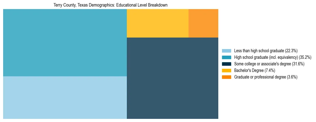 Treemap chart illustrating the educational attainment breakdown for population 25 years and over in Terry County, Texas.