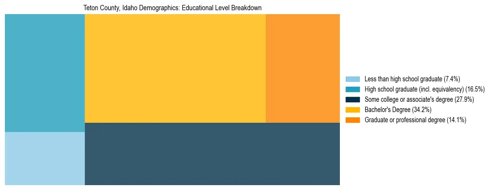 Treemap chart illustrating the educational attainment breakdown for population 25 years and over in Teton County, Idaho.