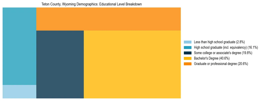 Treemap chart illustrating the educational attainment breakdown for population 25 years and over in Teton County, Wyoming.