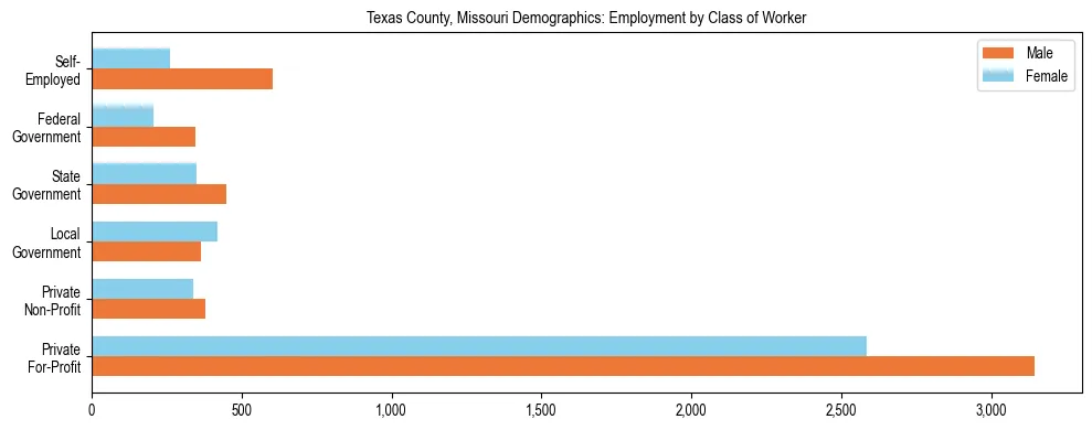 Horizontal bar chart showing employment distribution by class of worker and gender in Texas County, Missouri, based on 2023 ACS data.