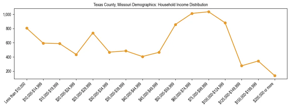 Horizontal bar chart showing household income distribution in Texas County, Missouri.